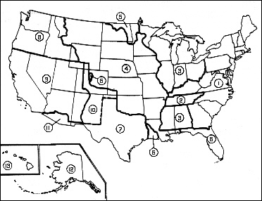 Map of US showing the boundaries of the various acquisitions.